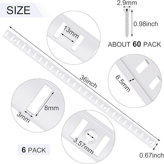 6 Pcs 36 Inch Metal Pilaster and 36 Pcs Cabinet Shelf Clips - Adjustable Shelf Rail Mortise Mount Pilaster Strip - Standard for Wall Bookcases Shelving System Closet Organization (White)