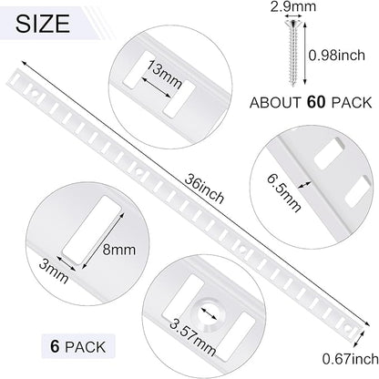 6 Pcs 36 Inch Metal Pilaster and 36 Pcs Cabinet Shelf Clips - Adjustable Shelf Rail Mortise Mount Pilaster Strip - Standard for Wall Bookcases Shelving System Closet Organization (White)