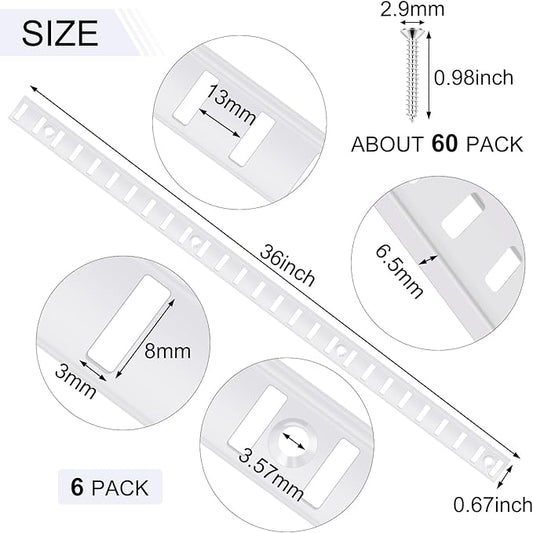 6 Pcs 36 Inch Metal Pilaster and 36 Pcs Cabinet Shelf Clips - Adjustable Shelf Rail Mortise Mount Pilaster Strip - Standard for Wall Bookcases Shelving System Closet Organization (White)