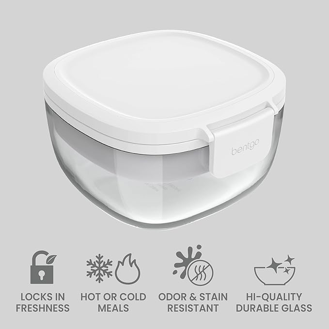Bentgo Glass Salad Container - 7.6-Cup Salad Bowl with Airtight Lid, Leak-Proof Sauce Container, 4-Compartment Bento Tray & Reusable Fork - BPA-Free for Meal Prep, Office & More (White)
