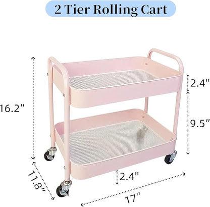 2 Tier Pink Rolling Cart with Wheels for Under Desk Storage, Large Capacity Rolling Pantry & Kitchen Storage Cart for Small Space, Sturdy Metal Bathroom Shelf Laundry Room Organization