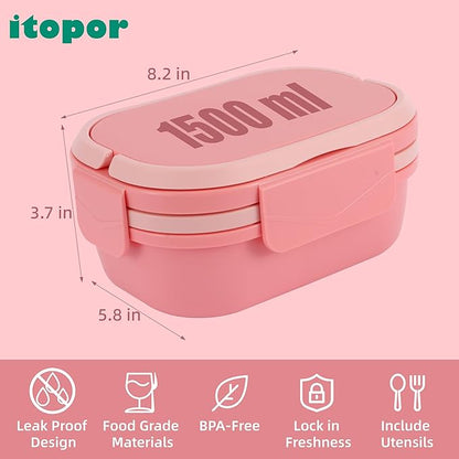 Leakproof Lunch Box, Drop-Proof Bento Box for Kids & Adults, BPA-Free Lunch Containers with Sleek Handles & Utensils, Microwave & Dishwasher Safe (Pink)