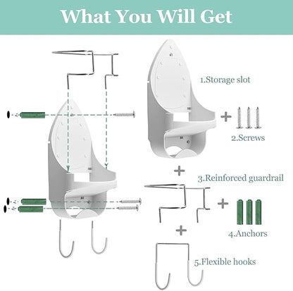 DOUBLE 2 C Ironing Board Hanger Wall Mount Electric Iron Holder Iron and Ironing Board Storage Organizer Shelf with Removable Hooks for Household Bathroom Laundry Room(White)