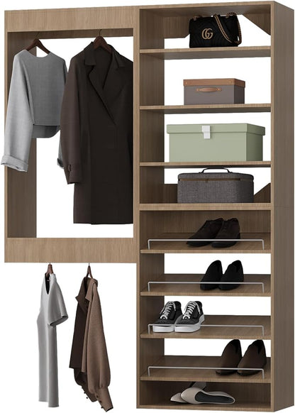 ROOMTEC Modular Closet System, 61" Wall Mounted Closet Organizer with Hanging Rods and Shoe Shelf, Wooden Tower for Walk-In Closets, Wardrobe Storage Kit, Wood
