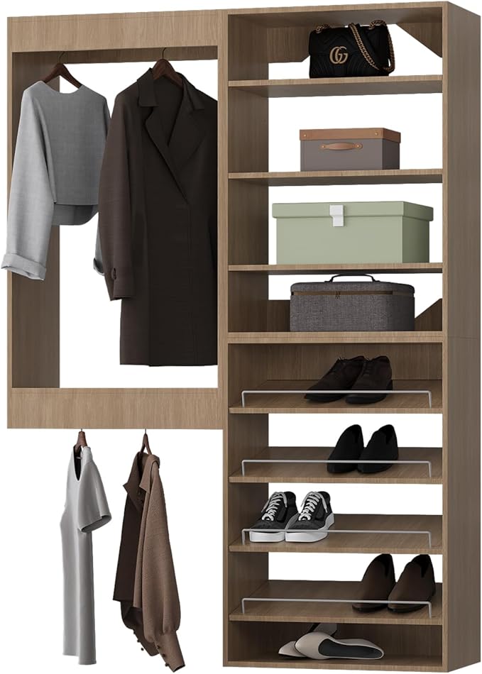 ROOMTEC Modular Closet System, 58" Wall Mounted Closet Organizer with Hanging Rods and Shoe Shelf, Wooden Tower for Walk-In Closets, Wardrobe Storage Kit, Wood