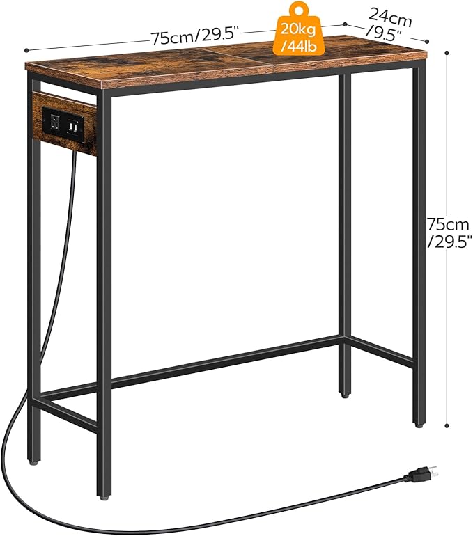 HOOBRO Narrow Console Table with Power Outlets, 29.5" Small Entryway Table with Charging Station, Thin Sofa Table, Side Table, for Hallway, Bedroom, Living Room, Rustic Brown and Black BF75UXG01