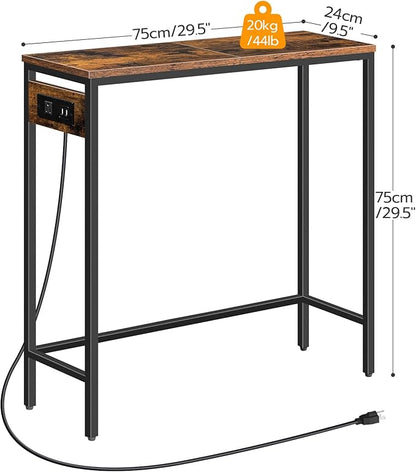 HOOBRO Narrow Console Table with Power Outlets, 29.5" Small Entryway Table with Charging Station, Thin Sofa Table, Side Table, for Hallway, Bedroom, Living Room, Rustic Brown and Black BF75UXG01