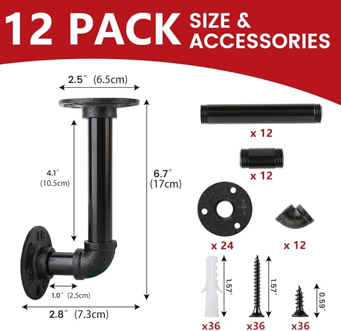 12 Pack Shelf Brackets for 7 - 14 in Wooden Board Pipe Shelf Brackets, Heavy Duty Pipe Shelving Bracket, L Industrial Shelving Brackets, Floating Shelves Bracket, Black
