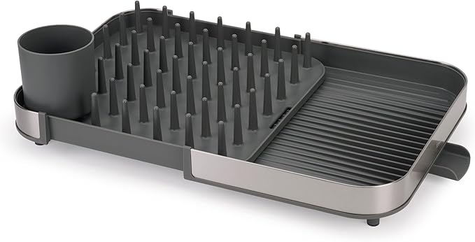 Joseph Joseph Duo Expanding Dish Drying Rack with Removable Silverware Holder, Draining Spout, Stainless Steel