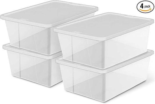 HOMZ 4-Pack Snaplock, Small Clear Plastic Storage Organizer Bins w/Lids, 12 Quart, White - Stackable Container Boxes for Bedroom, Bathroom, Garage, and Office Organization