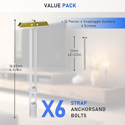 Drywall Anchor with Included Bolts for 1/4”-20, Heavy Duty Hollow Wall Anchors for TV Mounting Kit, Stainless Steel Hollow Wall Anchors Holds up to 270lbs Each in 1/2” Drywall (Pack of 6)