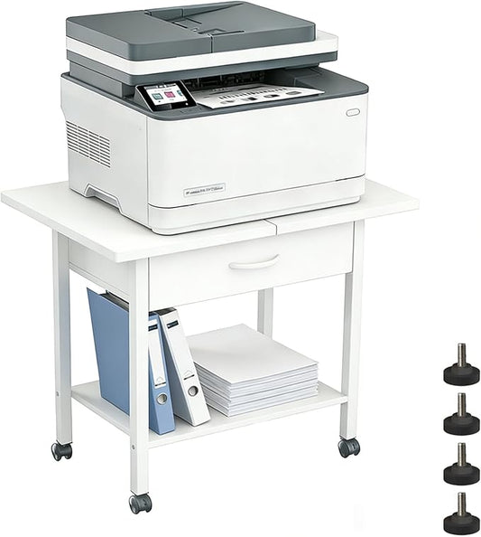 Large 22" x 15" Under Desk Printer Stand, 2-Tier Shelf Printer Table with Stronge Fabric Drawer and Wheels,Rolling Cart for Home Office Fits 3D Printer Scanner (White)