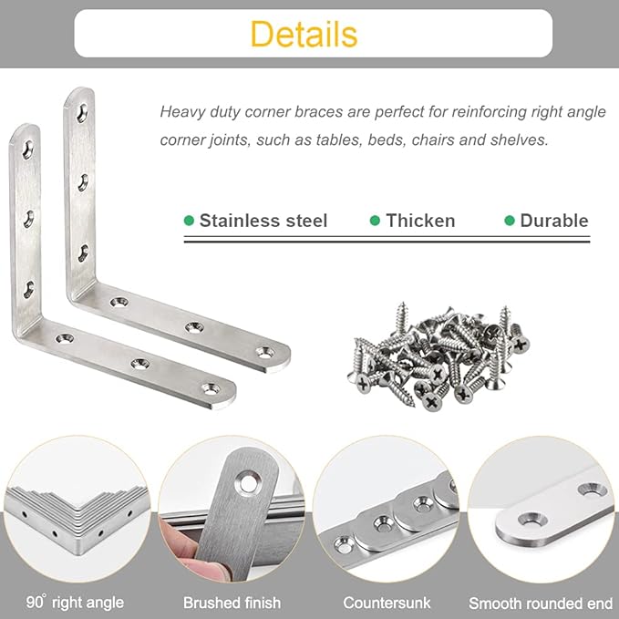10 Pack L Bracket Corner Braces 4 Inch Stainless Steel Heavy Duty Shelf Bracket for Wood Shelves, Wall Hanging Support 90 Degree Joint Right Angle Brackets with Screws