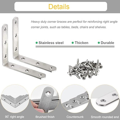 10 Pack L Bracket Corner Braces 4 Inch Stainless Steel Heavy Duty Shelf Bracket for Wood Shelves, Wall Hanging Support 90 Degree Joint Right Angle Brackets with Screws