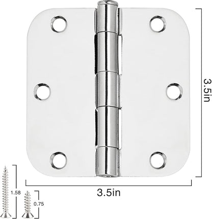 12 Pack Rounded Door Hinges 3.5 Inch 5/8" Radius Polished Chrome Hinges for Interior Doors Bedroom House Standard 3 1/2 Inch Door Hinges Hardware Bulk Hinge Wooden Door Parts Home Upgrades Decor