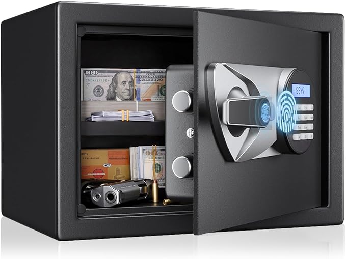 BlackSmith Home Safe Box 1.2 Cubic Feet Biometric Gun Safe Quick Access Fingerprint Security Lock Box for Pistols, Cash, Jewelry with Dual Alarm System LCD Display and Fireproof Bag