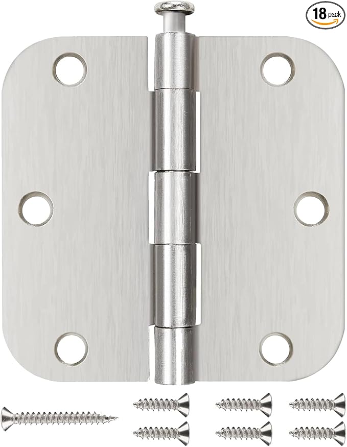 18 Pack Brushed Nickel Door Hinges 3 1/2 Inch Interior Door Hinges 3.5 Inch Rounded 5/8” Radius Corners No-Squeak Sturdy Flat Iron Construction Standard Residential Hardware for Bedroom Home Indoor