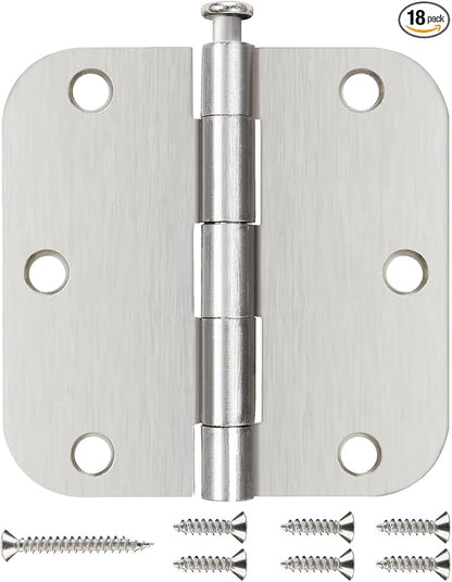 18 Pack Brushed Nickel Door Hinges 3 1/2 Inch Interior Door Hinges 3.5 Inch Rounded 5/8” Radius Corners No-Squeak Sturdy Flat Iron Construction Standard Residential Hardware for Bedroom Home Indoor