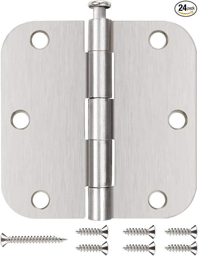 JIW 24 Pack Brushed Nickel Door Hinges 3 1/2 Interior Door Hinges Satin Nickel 3.5 Inch Rounded 5/8” Radius Corners No-Squeak