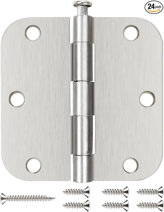 JIW 24 Pack Brushed Nickel Door Hinges 3 1/2 Interior Door Hinges Satin Nickel 3.5 Inch Rounded 5/8” Radius Corners No-Squeak