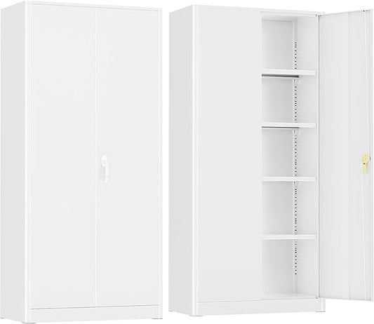 SUNCROWN 72" Metal Storage Cabinet - Heavy-Duty Metal Garage Cabinet with 4 Adjustable Shelves & 2 Doors for Tools, Office, Home, Workshop,White