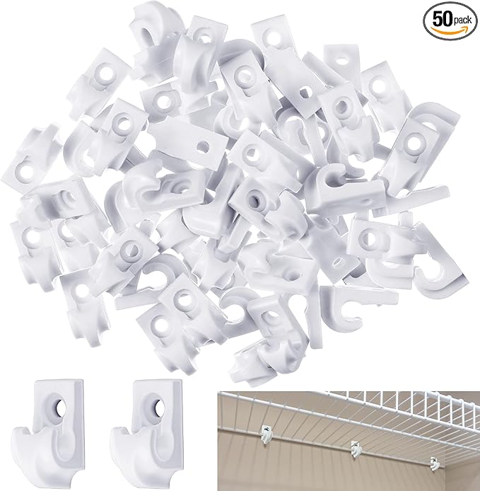 Amyhill 50 Pieces Wire Shelf Clips Down Wall Brackets Wire Shelving Accessories Plastic Heavy Duty Shelf Bracket Clips for Metal Shelving Screws and Expansion Tube Not Included (White)