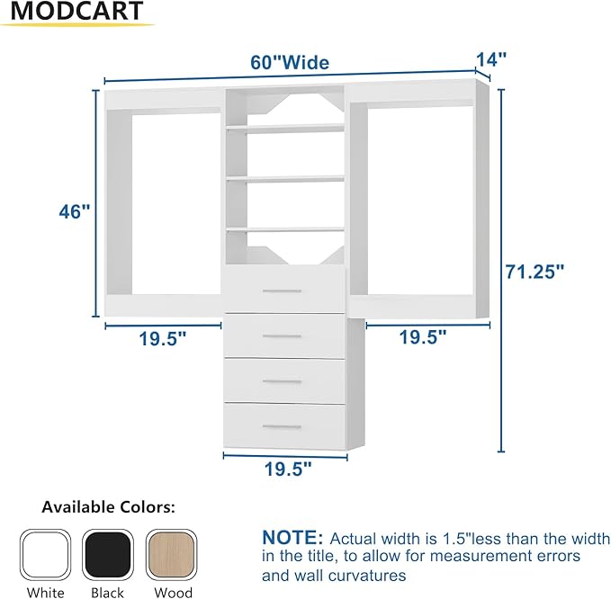 Modular Closet System, 60" Wide Closet Organizer System with Hanging and Drawers, Wood Tower Closet Storage for Walk In Closets, Wall Mounted Wardrobe Organizer Kit System, Bedroom, White