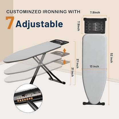 Ironing Board, Adjustable Height Iron Board with Iron Rest, Foldable Metal Iron Table, Heavy Duty Iron Stand with Heat Resistant Cover and Thick Padding, Full Size 44"x13", Grey