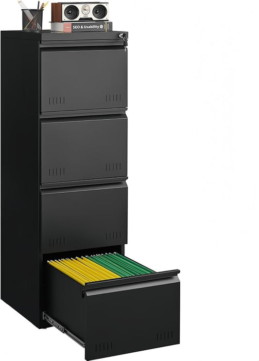 Metal File Cabinet with Lock, Vertical 4 Drawer File Cabinets for Home Office, Heavy Duty Office Storage Cabinet for A4/Letter/Legal Size, Assembly Required(Black)