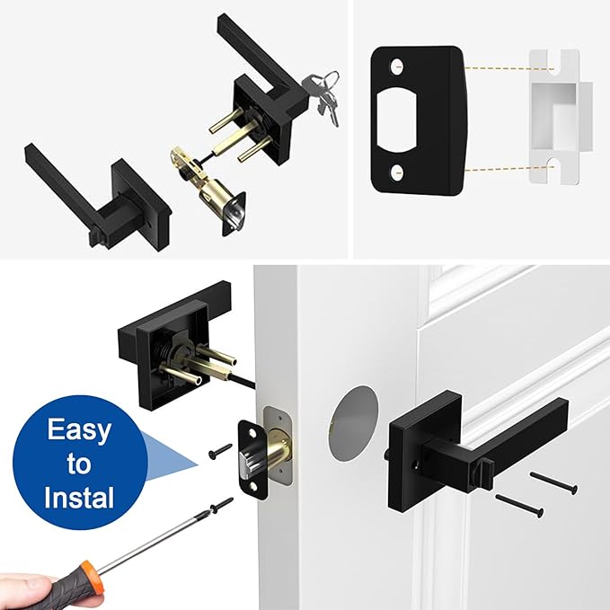 Estmoon Door Lock Matte Black Door Knob with Lock, Heavy Duty Keyed Front Door Handle Exterior Lockset, Entrance Exterior Door Knob for Bedroom, Bathroom, Front Door, Office, 1 Pack