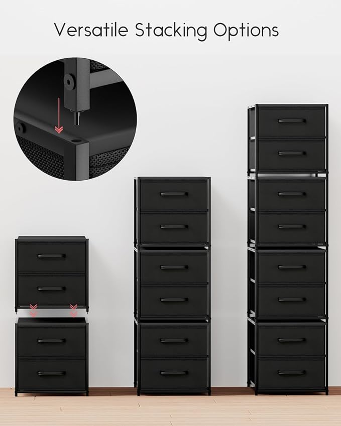 Stackable Storage Drawers - 2 Tier Closet Drawers, Closet Organizer with Metal Handles, Night Stand with Collapsible Bins, Fabric Dresser for Bedroom, Dorm, Office, Black, 2 Pack