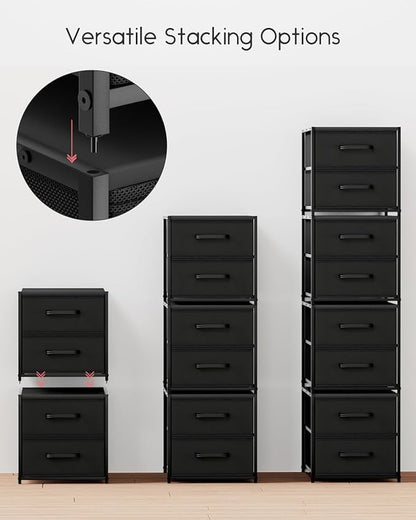 Stackable Storage Drawers - 2 Tier Closet Drawers, Closet Organizer with Metal Handles, Night Stand with Collapsible Bins, Fabric Dresser for Bedroom, Dorm, Office, Black, 2 Pack