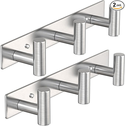 VAEHOLD Silvery Hat and Coat Wall Mount Rack - 3 Hooks for Robes, Bags, Keys, and Towels - Bathroom Towel Hanger Organizer (2 Pack)