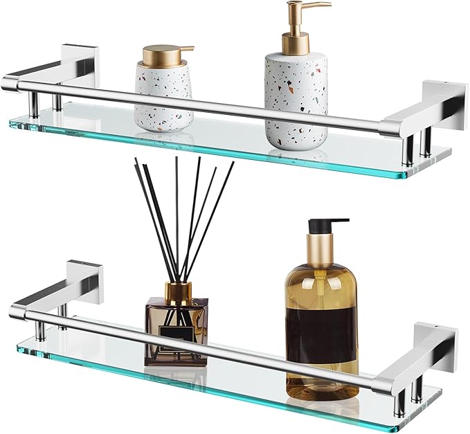 20 Inches Glass Shelf for Bathroom, Brushed Nickel Glass Shelves for Wall with Smooth Stainless Steel Railing, Modern Tempered Glass Organizer Shelf