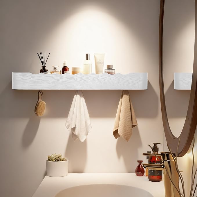 Wall Coat Rack Floating Shelves Modern Coat Rack Wall Mount with Storage Entryway Shelf Wooden Hanger 20 Inch 4 Hidden Metal Hooks for Living Room Bedroom (Wavy White, 8 Hooks)
