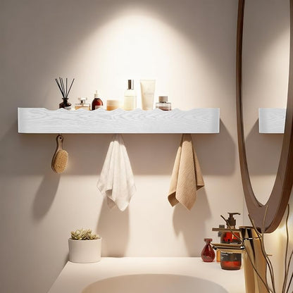 Wall Coat Rack Floating Shelves Modern Coat Rack Wall Mount with Storage Entryway Shelf Wooden Hanger 20 Inch 4 Hidden Metal Hooks for Living Room Bedroom (Wavy White, 8 Hooks)