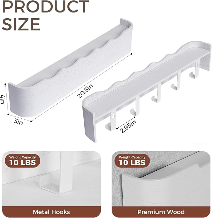 Wall Coat Rack Floating Shelves Modern Coat Rack Wall Mount with Storage Entryway Shelf Wooden Hanger 20 Inch 4 Hidden Metal Hooks for Living Room Bedroom (Wavy White, 5 Hooks)