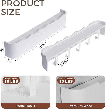 Wall Coat Rack Floating Shelves Modern Coat Rack Wall Mount with Storage Entryway Shelf Wooden Hanger 20 Inch 4 Hidden Metal Hooks for Living Room Bedroom (Wavy White, 5 Hooks)