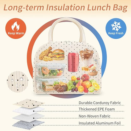 Coobiiya Lunch Bag Lunch Box for Women Men, Reusable Cute Corduroy Lunchbag - Leakproof, Insulated LunchBox Tote with Large Capacity, Dot