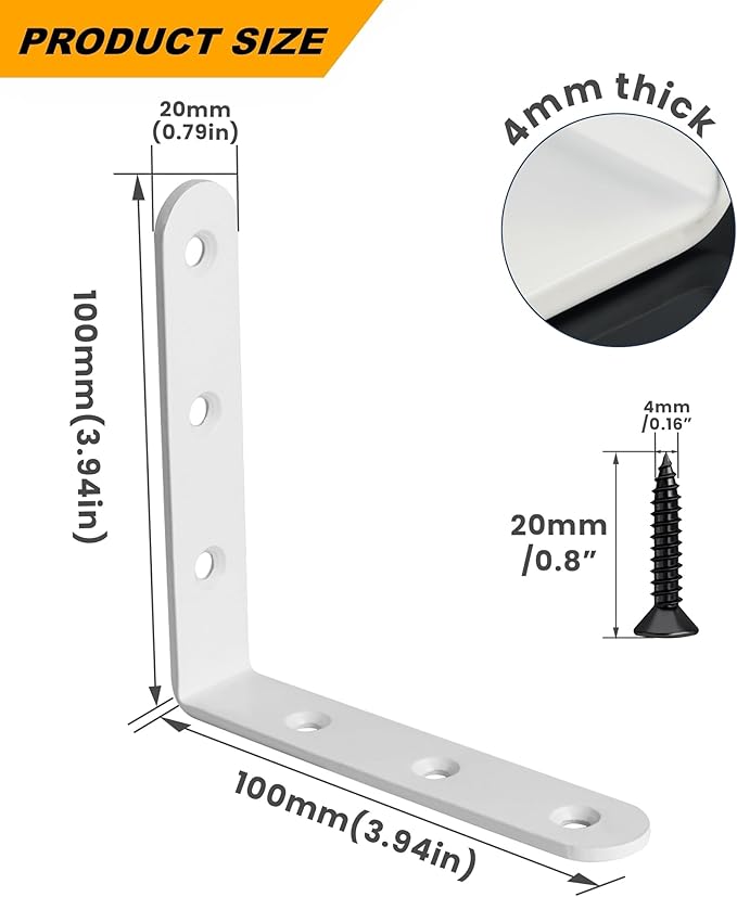 Alise 4 PCS L Brackets Heavy Duty Corner Bracket, 4 X4 Inch White Floating Shelf Brackets for Shelves, Stainless Steel L Shape Wall Mounting Brackets, Metal L Joint Angle Bracket for Wood Shelving