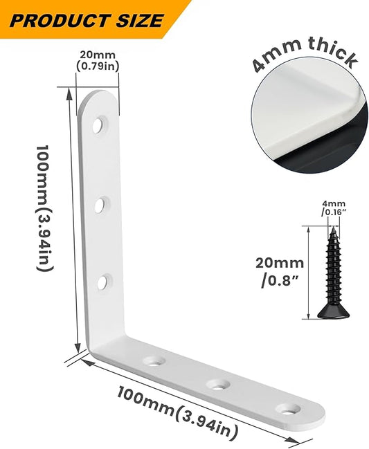 Alise 4 PCS L Brackets Heavy Duty Corner Bracket, 4 X4 Inch White Floating Shelf Brackets for Shelves, Stainless Steel L Shape Wall Mounting Brackets, Metal L Joint Angle Bracket for Wood Shelving