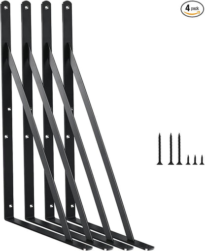 4 Pack L14 x H 10" Black Heavy Duty Shelf Brackets with Screws Metal Shelf Brackets Shelf Support Angle Brackets for Shelves L Brackets Heavy Duty Floating Shelf