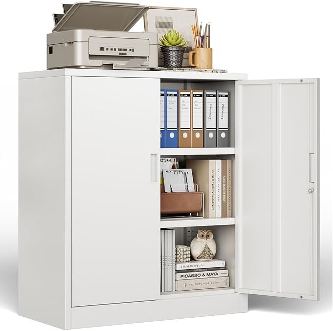 BESFUR Metal Storage Cabinet, Garage Storage Cabinet with 2 Adjustable Shelves, Locking Short Storage Cabinet for Office Garage Home, White Metal Cabinets (36" H x 31.5" W x 16" D)