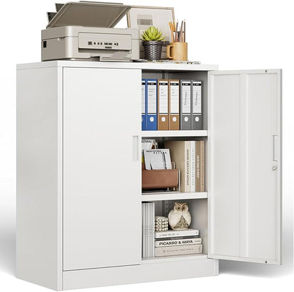 BESFUR Metal Storage Cabinet, Garage Storage Cabinet with 2 Adjustable Shelves, Locking Short Storage Cabinet for Office Garage Home, White Metal Cabinets (36" H x 31.5" W x 16" D)
