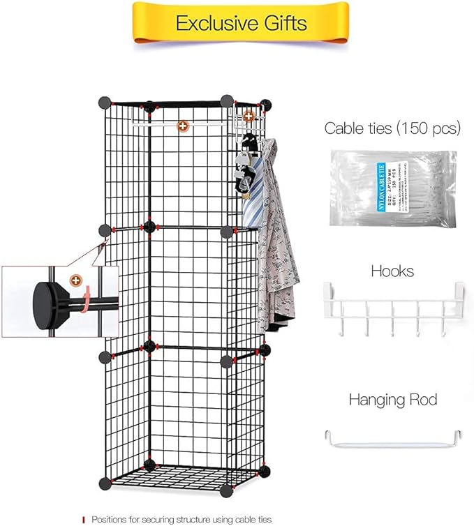 YOZO Wire Cube Storage Metal Closet Wardrobe Room Organizaion armoire Pantry Cabinet Book Shelf Organizer Rack MultiFuncation Cubby Shelving Unit, 16 Cubes, Black
