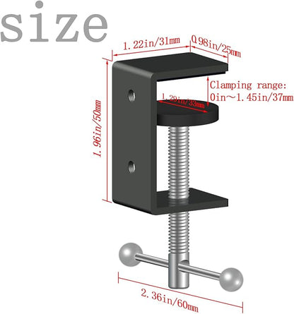 2-Pack 1 Inch Heavy Duty Black C-Clamps for Desk & Table, 0-1.5 Inch Clamping Range, 2 Mounting Holes, Metal Workbench Clamps, Garland Clamps, Mantle Clamp