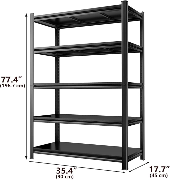 Metal Garage Shelving Unit 5-Tier Adjustable Heavy Duty Storage Shelves, 3000 lbs Capacity Steel Garage Storage Rack Organizer for Garage Basement Warehouse, Black 35.4" W x 17.7" D x 77.4" H