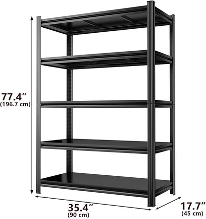 Metal Garage Shelving Unit 5-Tier Adjustable Heavy Duty Storage Shelves, 3000 lbs Capacity Steel Garage Storage Rack Organizer for Garage Basement Warehouse, Black 35.4" W x 17.7" D x 77.4" H