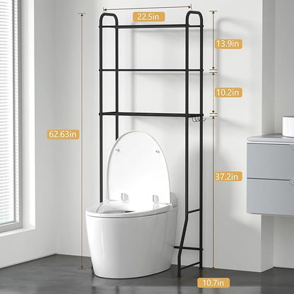 3 Tier Over The Toilet Storage Rack, Bathroom Organizer Shelf Over Toilet with 4 Hook, Space Save Freestanding Metal Bathroom Shelves