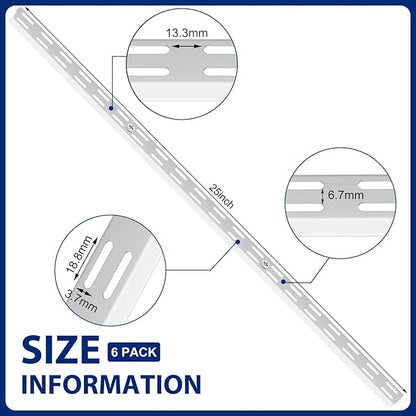 6 Pcs Dual Track Upright Wall Shelving System Heavy Duty Support System Twin Slot Shelf Rail Shelf Standards for Pantries Linen Closets Laundry Rooms(White,25 Inch)